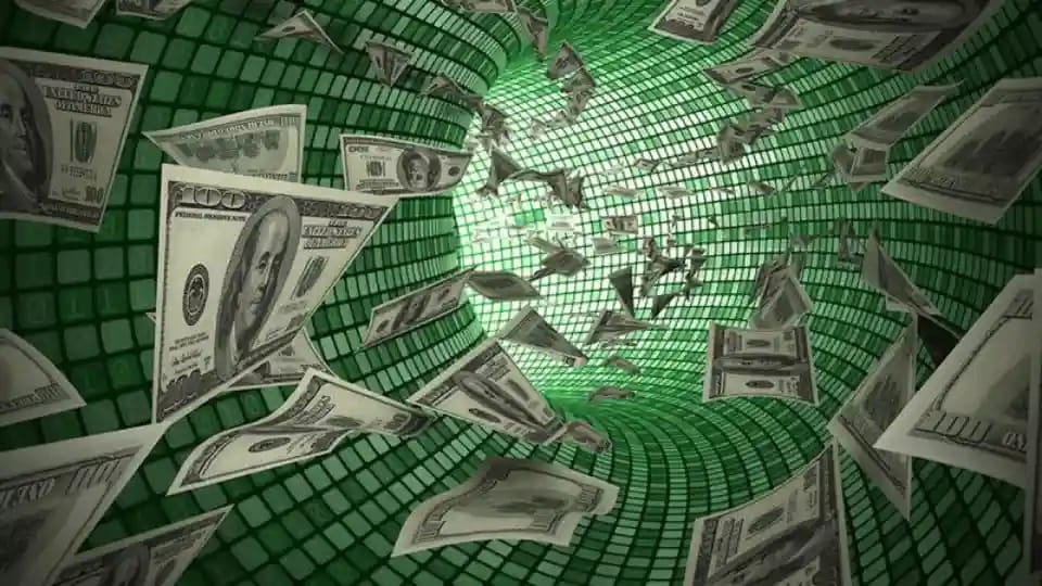 US dollars flowing through a digital tunnel representing online remittances