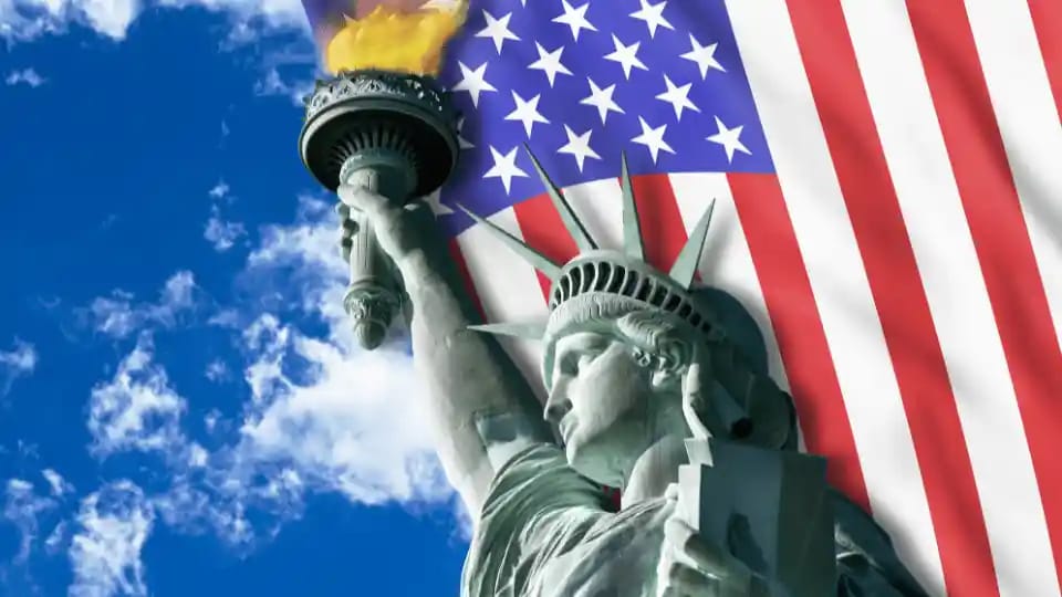 US Green Card and American flag