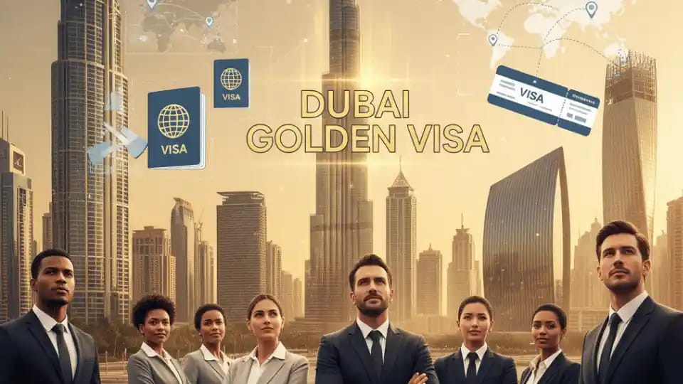Dubai skyline with a Golden Visa icon representing overseas support