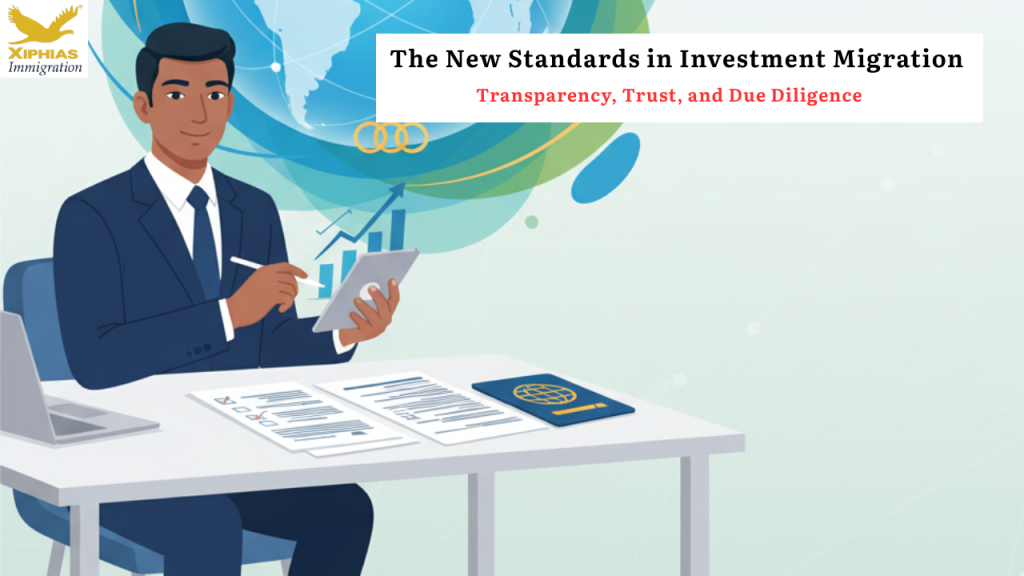 Professional reviewing passports and documents for investment migration, representing transparency, trust, and due diligence.